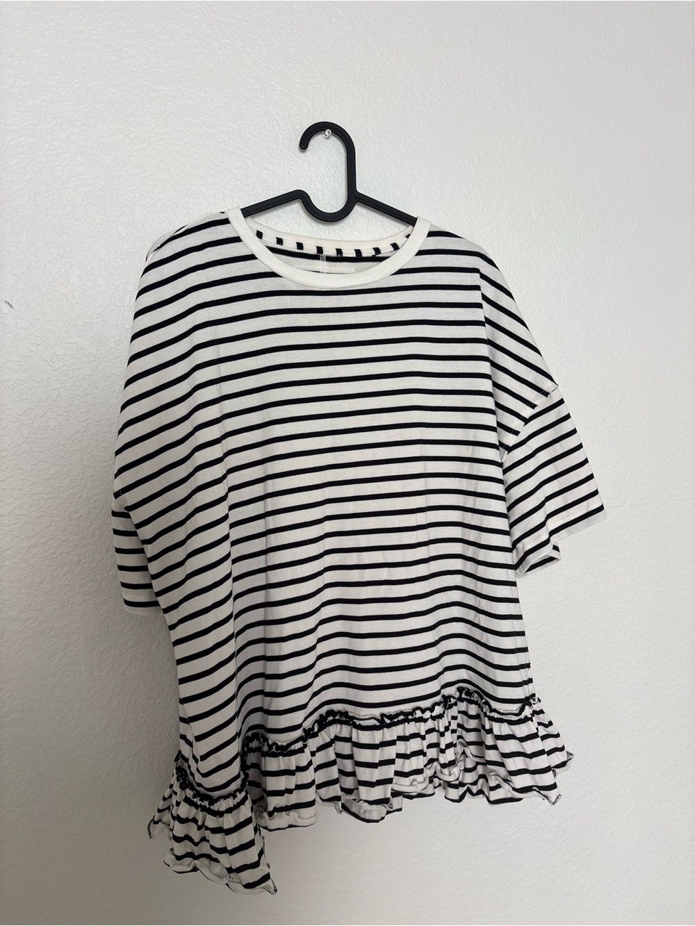 Free People Black & White Striped Ruffle Hem Tee